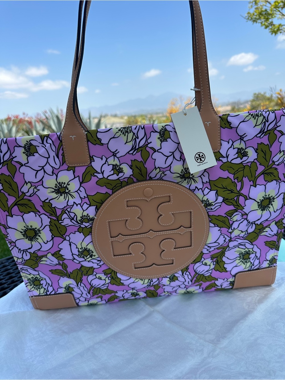 Tory Burch Lavender Floral Tote with Tan Trim and Logo Medallion